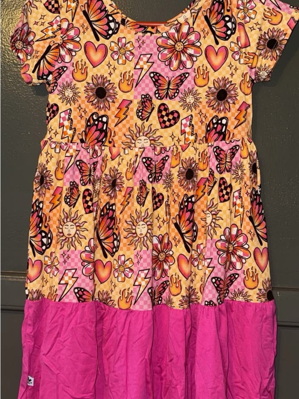 BAMBOO Pink & Orange Butterfly Sunflower Tiered Dress